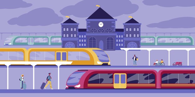 Vector railway station flat concept with railroad building and trains on platform vector illustration