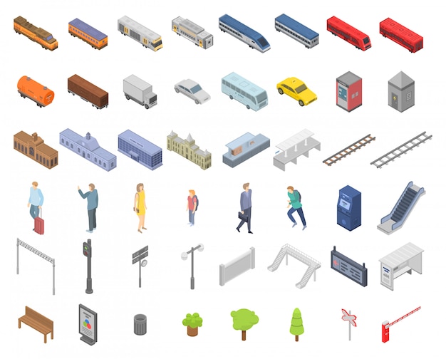 Railway station icons set, isometric style