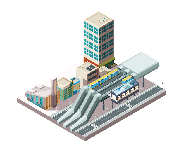 Railway station. Metro train urban public transport in city architecture viaduct vector isometric buildings. Railway train platform, architecture metro building illustration