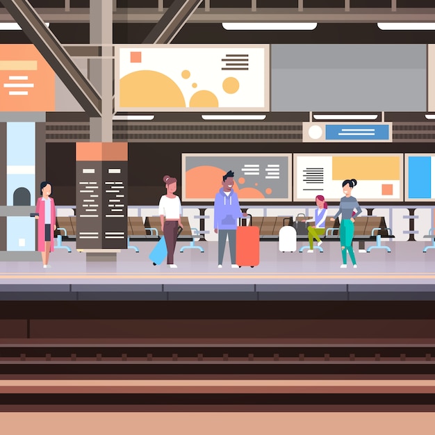 Railway station platform with passengers waiting for train departure transportation concept