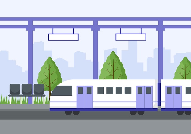 Вектор Железнодорожный вокзал с пейзажем железнодорожного транспорта и подземным внутренним метро в иллюстрации
