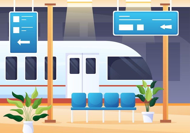 Railway station with train transport scenery and underground interior subway in illustration