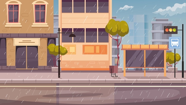 Rain city town rainy season street concept graphic design illustration