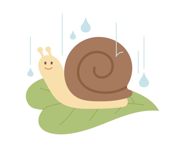 Rain day cute snail on the leaf simple illustration in flat design style