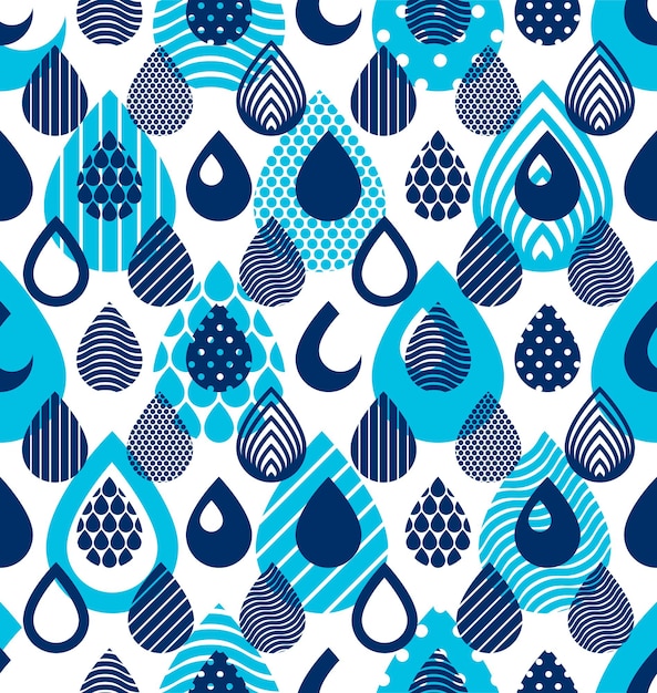 Rain drops falling seamless pattern, vector blue colored repeat endless background. dripping trendy illustration.