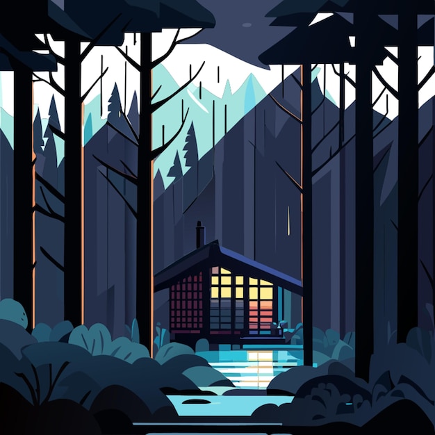 Vector the rain falls on the warm cabin in the serene night garden vector illustration