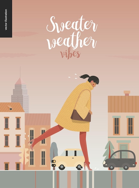 Vector rain running girl modern flat vector concept illustration of a young woman wearing yellow coat red tights and high heels running under the rain in the street in front of of city houses and cars