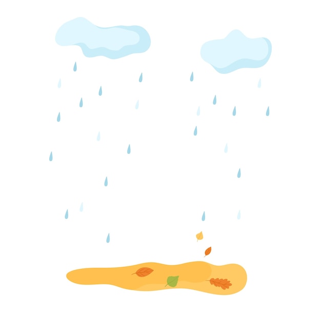 Vector rain shower over puddle fallen leaves autumn scene simple weather seasonal raindrops seasonal