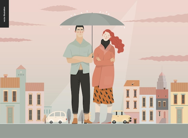 Vector rain standing couple