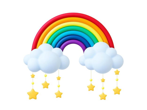 Rainbow 3D met wolken en sterren hangers Nursery realistisch element baby stroller mobiel speelgoed Realistisch plasticine ontwerp weer witte bubbels wolk vector concept