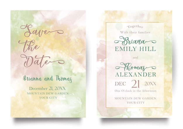 Rainbow alcohol ink watercolor wedding invitation with save the date