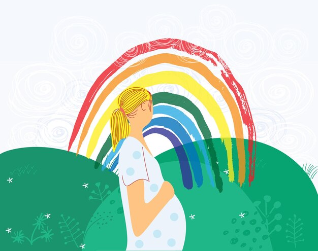 The Rainbow as a Symbol of Hope Illustration of pregnant woman safety joy symbol new family life Colorful flat vector illustration in a cartoon style