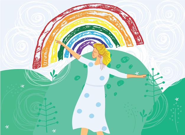 The Rainbow as a Symbol of Hope Summer scene fairytale cute young woman adorable girl stand against nature hills rainbow Colorful flat vector illustration