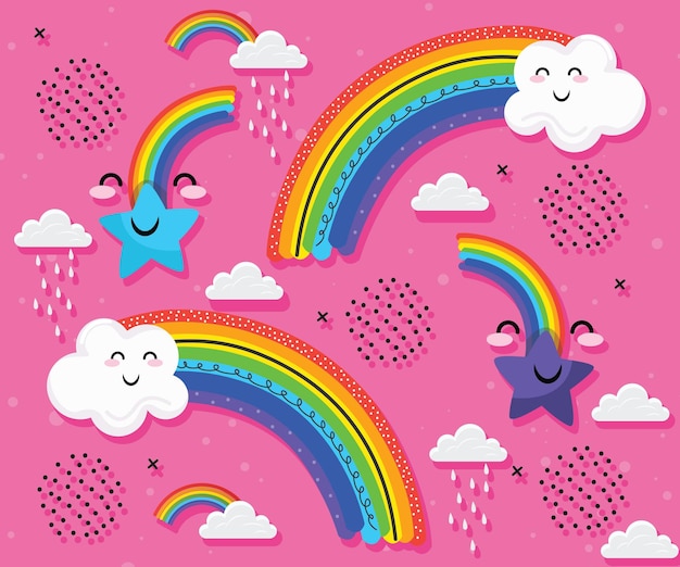 Rainbow background for kids with cute clouds and happy star