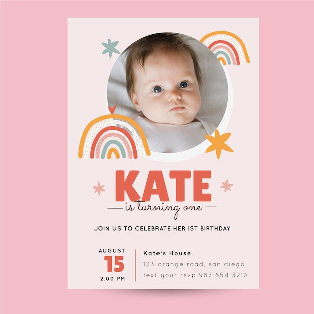 Rainbow birthday invitation template with photo