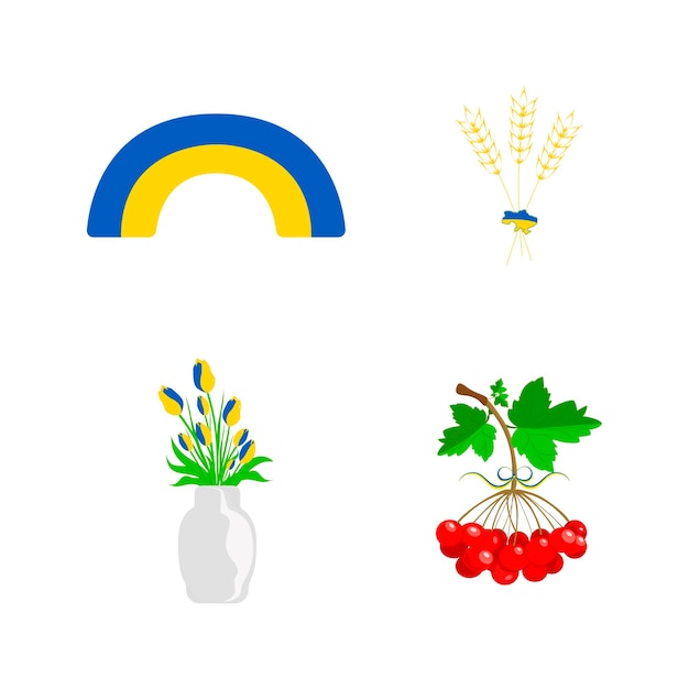A rainbow in blue-yellow colors, a branch of viburnum, an ear of wheat, a vase with tulips
