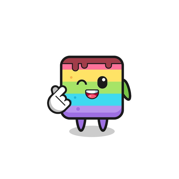 Personaggio torta arcobaleno che fa un design carino cuore dito coreano