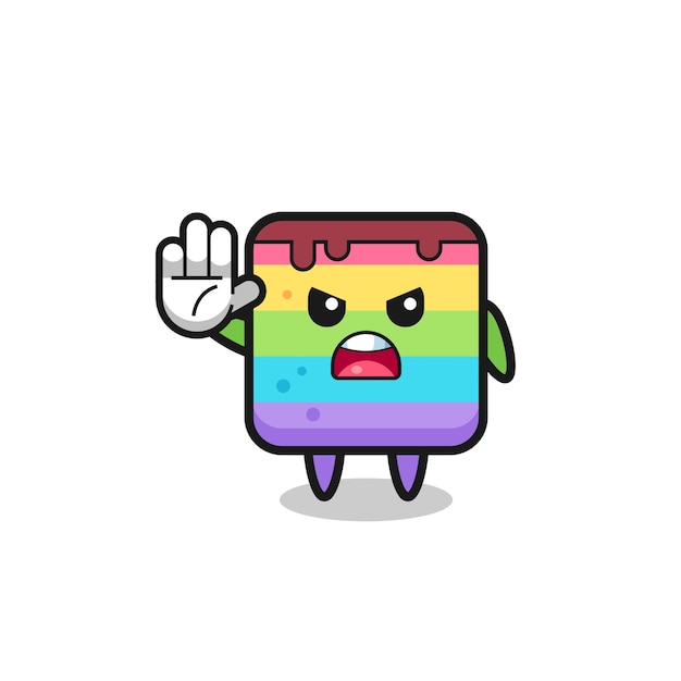 Rainbow cake character doing stop gesture cute design