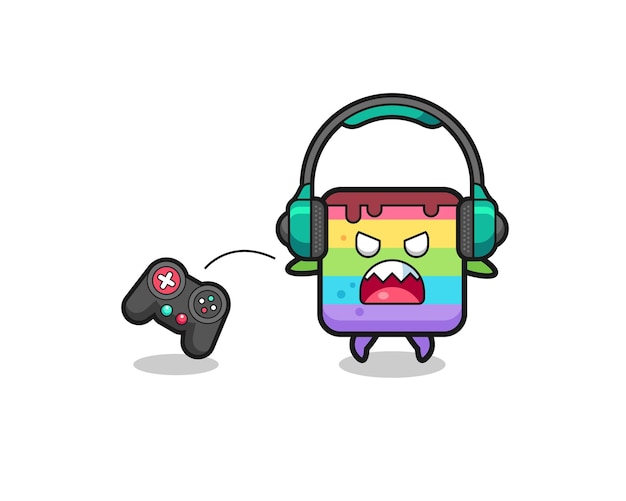 Rainbow cake gamer mascot is angry , cute design