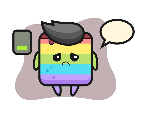 Rainbow cake mascot character doing a tired gesture