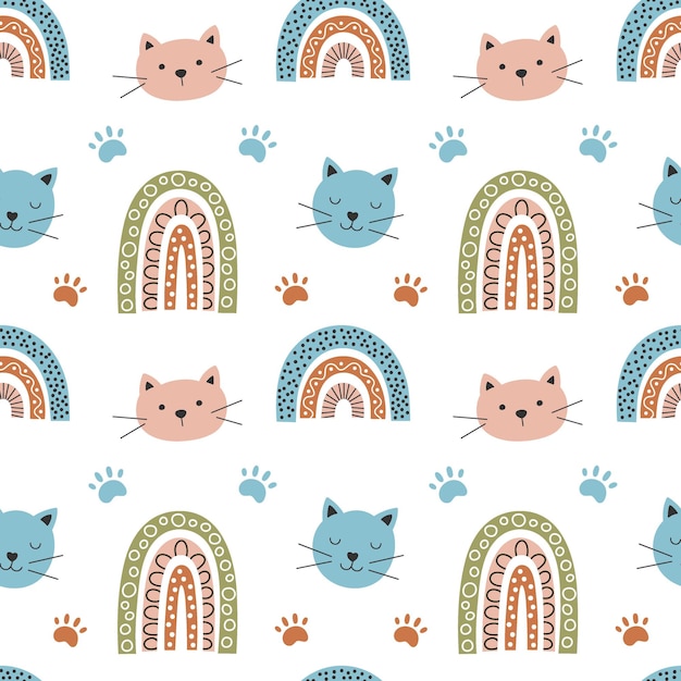 Rainbow and cat seamless pattern vector illustration cute pattern on a arch in boho style