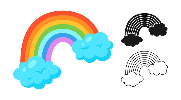 Arcobaleno e nuvola icona set linea silhouette simbolo del fumetto elemento meteorologico infografica meteorologica