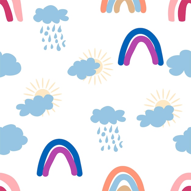 Motivo senza cuciture con sole nuvola arcobaleno per neonati design carino e delicato per i bambini più piccoli