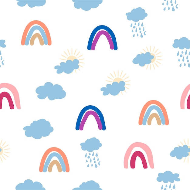 신생아를 위한 무지개 구름 태양 원활한 패턴 막내 아이들을 위한 귀엽고 섬세한 디자인