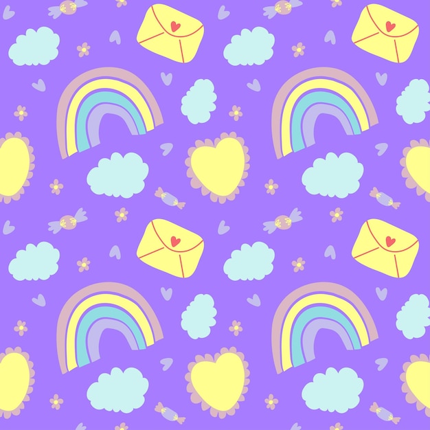 Rainbow clouds candies envelope heart flowers seamless pattern in pastel colors vector illustration