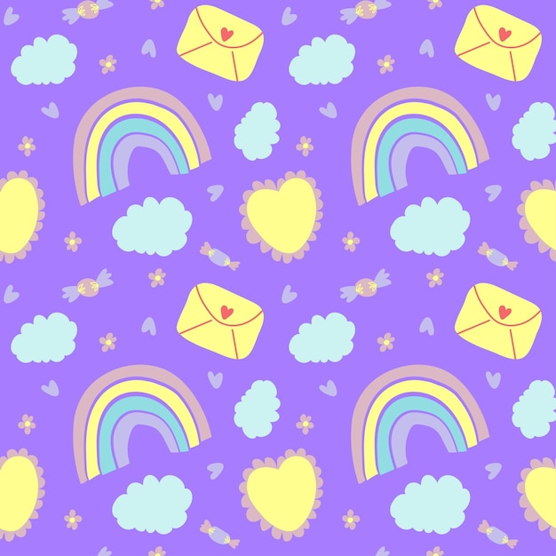 Rainbow clouds candies envelope heart flowers seamless pattern in pastel colors Vector illustration