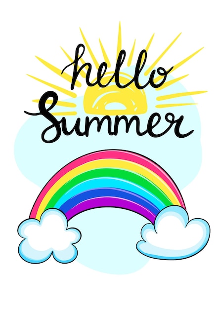 Vector rainbow and clouds hello summer vector poster