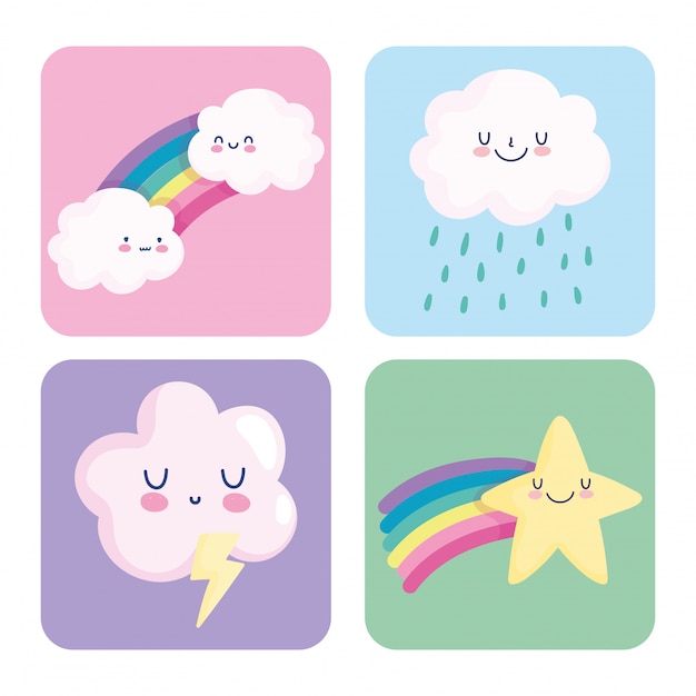 Rainbow clouds shooting star thunderbolt rain cartoon decoration cards vector illustration