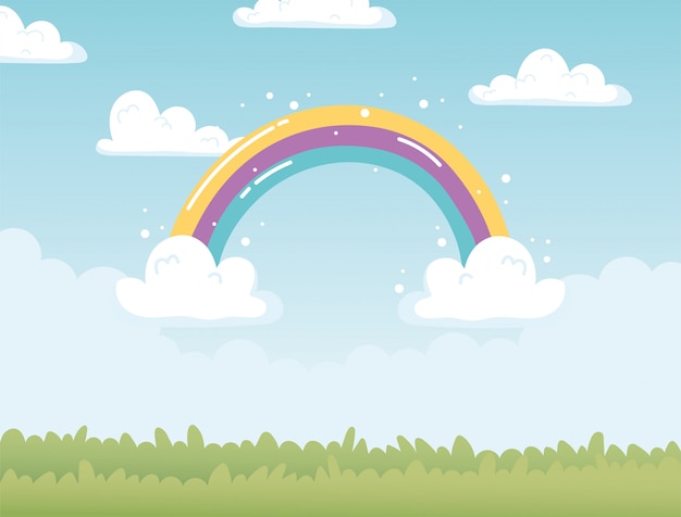 Vector rainbow clouds sky field nature cartoon decoration