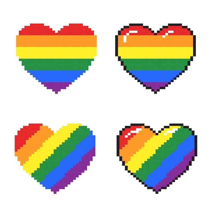 Rainbow color pixel heart icon collection LGBT 8 bit love symbol set