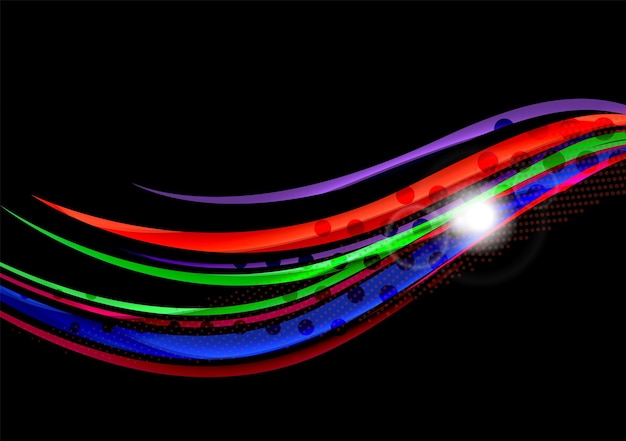 黒の背景に虹色の波線ストライプと光の効果を持つミニマルな暗い背景