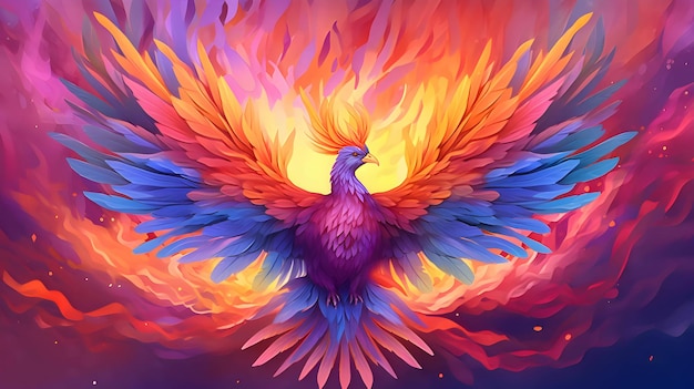 Rainbow colored fire phoenix on rainbow background