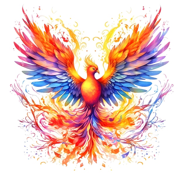 Rainbow colored fire phoenix on a white isolated background