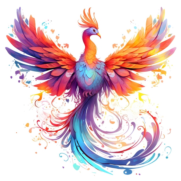 Rainbow colored fire phoenix on a white isolated background