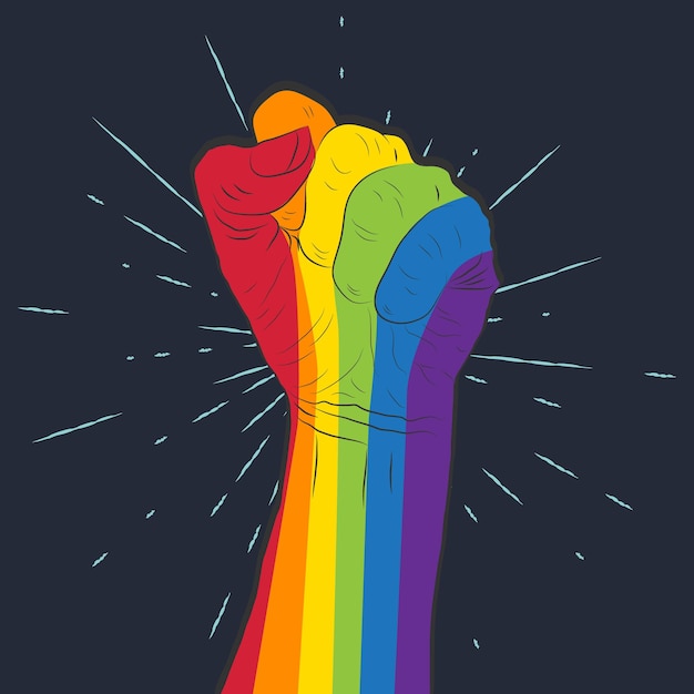 Vector rainbow colored hand with a fist raised up gay pride lgbt concept