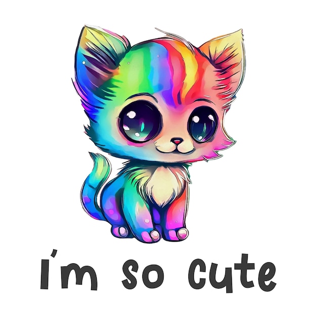 A rainbow colored kitten with the words i'm so cute on it