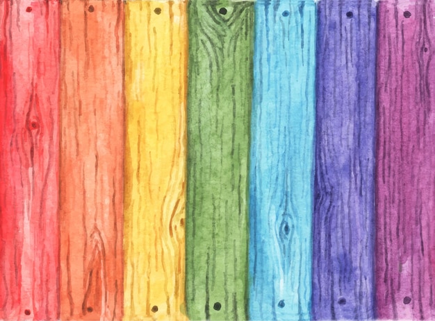 Vector rainbow colored painted on old wood. wood planks with seven colors. red, orange, yellow, green, blue, indigo and purple.