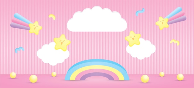 Vector rainbow display stand with cloud sign and cute kawaii element 3d illustration vector