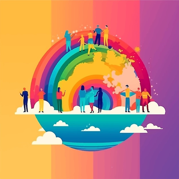 Rainbow earth with colorful people lgbti concept