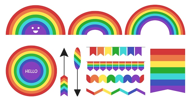 무지개 요소 컬렉션 플래그 배너 화살표 무지개 전체 및 절반 귀여운 미소 축제 화환 및 분배기 벡터 파티 기호 세트 디자인 무지개 기호 장식 그림