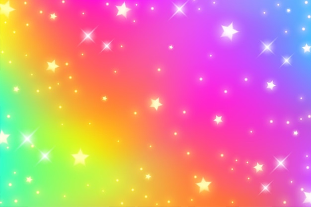 Rainbow fantasy background Bright multicolored sky with stars and sparkles Holographic waves