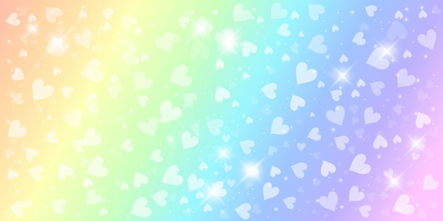 Rainbow fantasy background holographic illustration in pastel colors bright sky with hearts