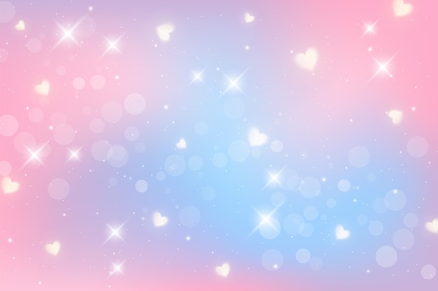 Vector rainbow fantasy background holographic illustration in pastel colors sky with stars and hearts