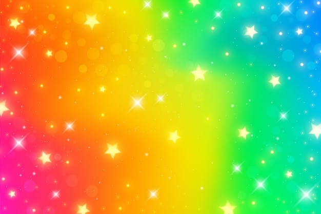 Vector rainbow fantasy background holographic wavy cute bright multicolored sky with stars and bokeh