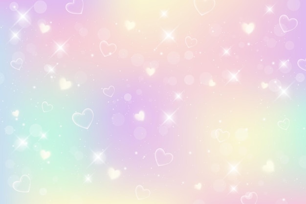 Vector rainbow fantasy background in pastel colors bright multicolored sky with bokeh and hearts