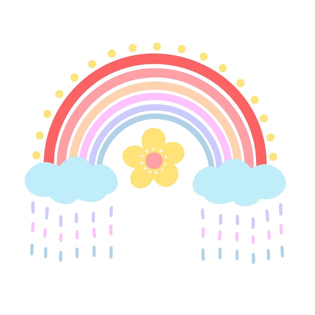 Rainbow and flower clouds with rain Hand drawn illustration